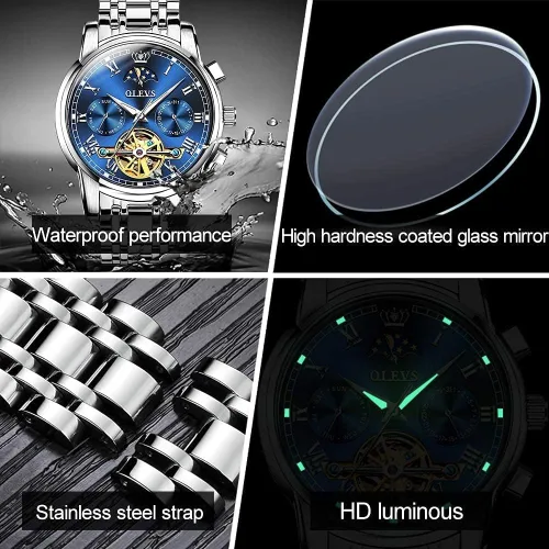 Miniatura 6 de OLEVS reloj mecánico automático, reloj de cuerda automático de lujo para hombre a prueba de agua, acero inoxidable.