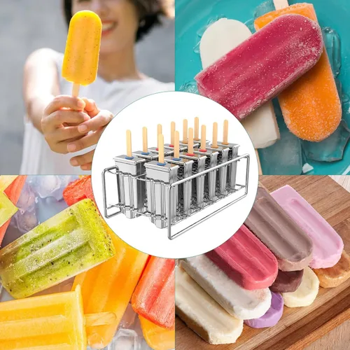 Miniatura 6 de Paquete de 12 moldes de paletas de acero inoxidable, moldes caseros para paletas de hielo con soporte, cabeza redonda reutilizable, máquina