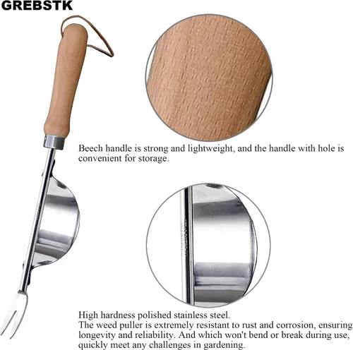 Miniatura 4 de GREBSTK - Horquilla de mano de acero inoxidable con mango de madera de haya, herramienta de jardín para airear, plantar, esparcir mantillo, quitar