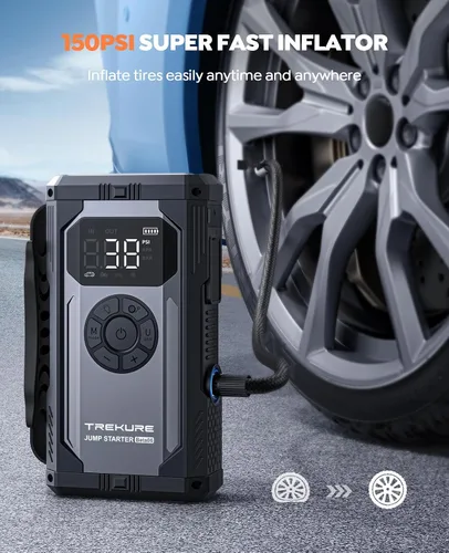 Miniatura 3 de TREKURE Arrancador de batería de 8 en 1 con compresor de aire 6000A 150PSI portátil para automóvil (todo gas/10L diésel), arrancador de batería