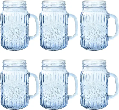 Miniatura 11 de SUT Mason Jar - Vasos para beber con asa, paquete de 6, 16 onzas, tazas de tarro Mason en relieve vintage para café helado, jugo, té y cerveza