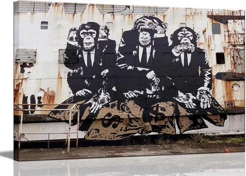 Lienzo decorativo de 3 monos sabios con grafiti de Banksy (Don't Listen, Don't Look Don't Talk Don't Talk Teen Boy Room Picture Wall Decor Man Cave