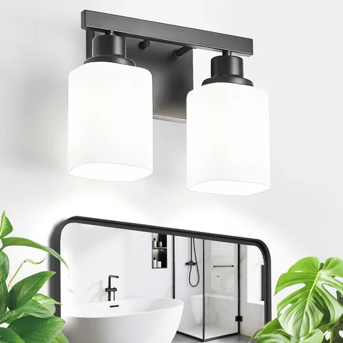 Miniatura 12 de Juego de 2 apliques de pared para baño, lámpara de tocador de baño negra, apliques de pared modernos para interiores con vidrio esmerilado cuadrado