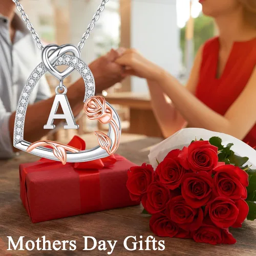 Miniatura 9 de Collares de plata de ley S925 con forma de corazón rosa, regalos para mujeres, collar con dije de letra inicial de corazón de circonita cúbica