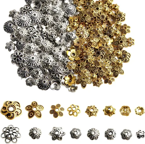 FEBSNOW Alrededor de 160 cuentas espaciadoras, estilo Bali, mezcla de plata tibetana y oro antiguo para pulseras, collares, aretes, suministros de