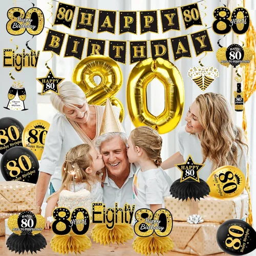 Miniatura 5 de Turypaty Kit de 36 decoraciones de cumpleaños número 80 para hombres y mujeres, globos de feliz cumpleaños de 80 años, globos de panal de abeja, Oro