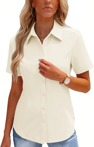 Miniatura 11 de HOTOUCH Camisas con botones para mujer, manga corta, elástica, sin arrugas, blusas formales de trabajo, blusas de verano, tallas S-2XL