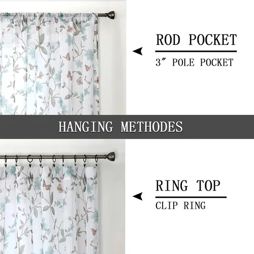 Miniatura 5 de Tollpiz - Cortinas cortas de gasa con estampado floral, con diseño de mariposas y flores azules, cortina de media ventana con bolsillo para barra