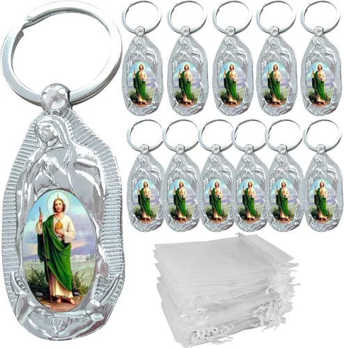 12 piezas de anillo de metal de San Judas Keychian favores de bautismo para niños y niñas Recuerdos de Bautizo San Judas (Wht)