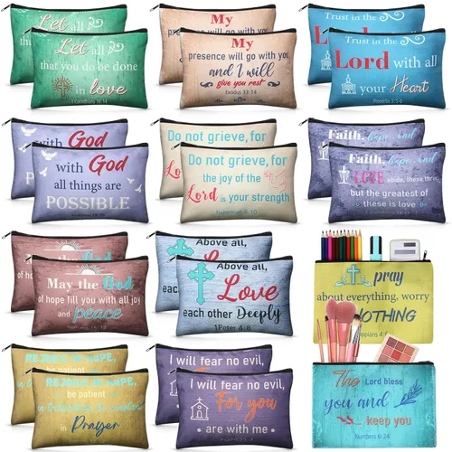 Miniatura 11 de Qeeenar - Bolsa de maquillaje religioso cristiano, bolsas de cosméticos, bolsa inspiradora de versículo bíblico para artículos de tocador, bolsa