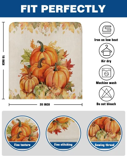 Miniatura 6 de Juego de 8 fundas para silla de comedor con diseño de calabazas naranjas y hojas de arce, fundas extraíbles para silla de cocina de Acción