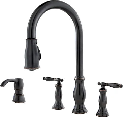 Pfister Hanover - Grifo de cocina con rociador desplegable y dispensador de jabón, 2 mangos, 4 agujeros, arco alto, acabado en bronce toscano,