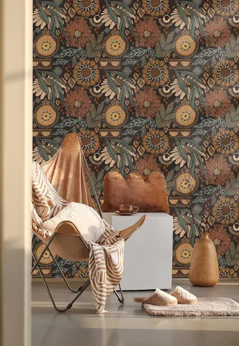 Miniatura 4 de HAOKHOME Papel tapiz para despegar y pegar, floral, bohemio, marrón, melocotón, verde, decoración de pared retro, mural extraíble de baño, 17.3
