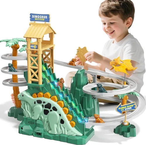 JUKUDAHU Pista de Escalada y Deslizamiento de Dinosaurios para Niños de 3, 4, 5, 6, 7, 8 años - Juego de Pista de Carreras, Juguete de Coche
