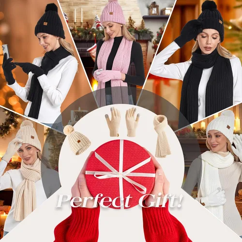 Miniatura 6 de Coolprince Gorro de invierno para mujer, bufanda larga, guantes para pantalla táctil, con forro polar, gorro de punto cálido con pompón