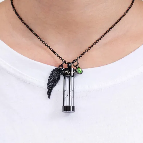 Miniatura 4 de PREKIAR Collar de urna de cremación para cenizas en forma de reloj de arena con dije de recuerdo 12 piedras de nacimiento y un ala de ángel