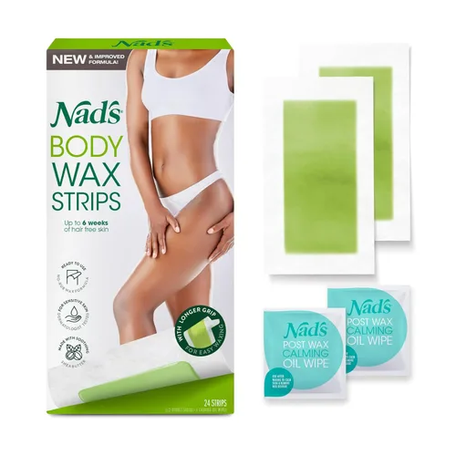 Nad's Tiras de cera depilatoria para el cuerpo para mujeres en casa más 4 toallitas de aceite calmante, 24 unidades