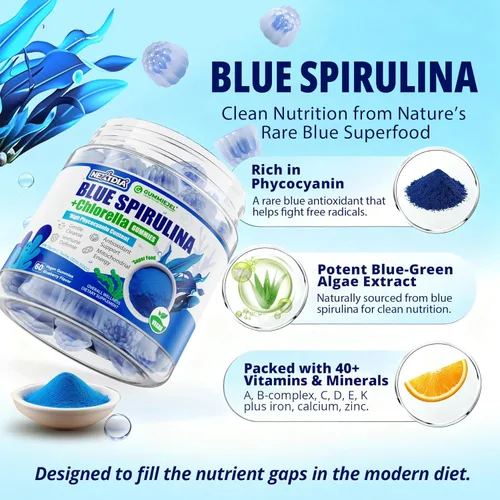 Miniatura 3 de Gomitas de espirulina azul orgánica, alta ficocianina de algas azul-verdes ricas en nutrientes para antioxidantes, energía celular y limpieza