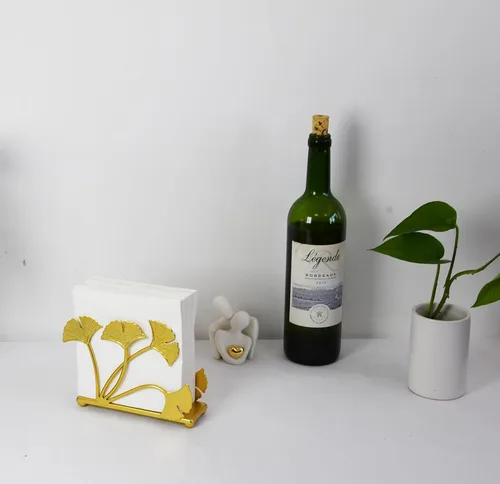 Miniatura 4 de Owlgift Servilletero moderno de hoja de ginkgo dorado pintado – Servilletero de papel decorativo de hierro de primera calidad de 6.7 pulgadas