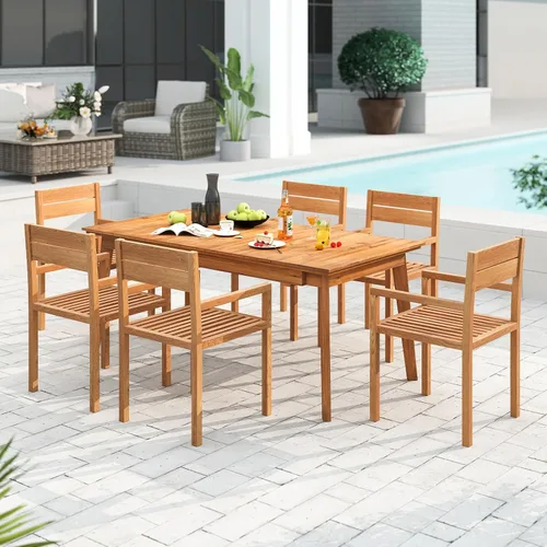 Miniatura 5 de HAPPYGRILL Silla de comedor de madera de teca, sillón de muebles de madera para exteriores con asiento y respaldo de listones, para patio trasero