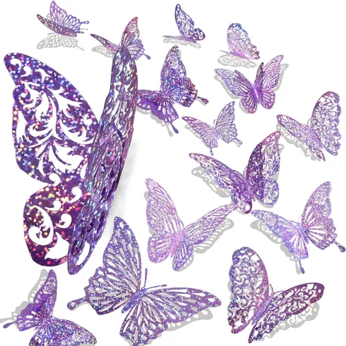 60 calcomanías 3D de lentejuelas moradas para decoración de pared, 5 estilos y 3 tamaños, decoración de mariposa holográfica para dormitorio y