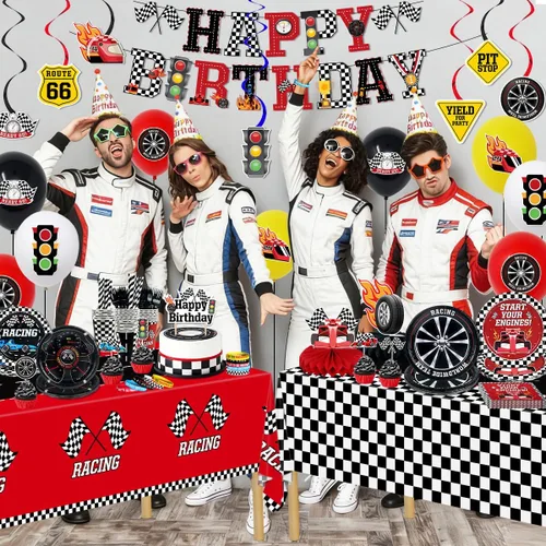 Miniatura 8 de Decoración de fiesta de cumpleaños de coches de carreras, decoraciones de cumpleaños de autos, platos de llantas, servilletas, manteles a cuadros