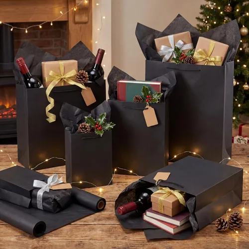 Miniatura 5 de Outus 24 juegos de bolsas de regalo negras de papel kraft con 24 piezas de papeles de copia de 4 tamaños diferentes en 6/8/11/13 pulgadas