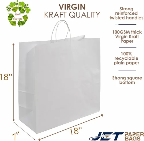 Miniatura 2 de JET PAPER BAGS - Bolsas grandes de papel blanco con asas de 18 x 7 x 18 pulgadas [25 piezas] ideales para llevar, comestibles, golosinas, venta al