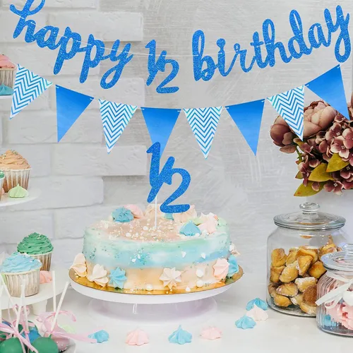 Miniatura 7 de Skylety Decoraciones de 1/2 de mitad de cumpleaños, traje de 6 meses, pancarta de bebé, decoración de cupcakes, bandera triangular, globos de Azul