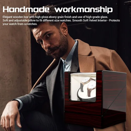 Miniatura 8 de Uten Caja automática para reloj de madera, caja de almacenamiento de reloj de lujo, enrollador de reloj doble con motor silencioso, 4 modos