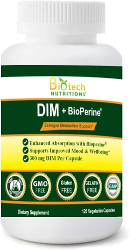 Suplemento DIM 300 mg DIM Diindolilmetano Plus BioPerine 120 días de suministro fabricado en Estados Unidos 120 cápsulas vegetales (120)