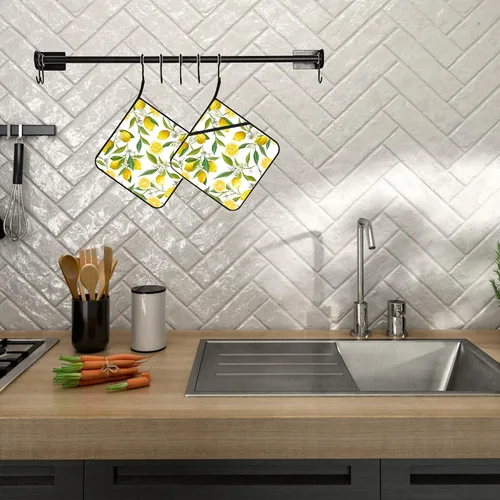 Miniatura 5 de Juego de 2 soportes para ollas de frutas de limón, resistentes al calor y antideslizantes, almohadillas calientes para horno de flores blancas