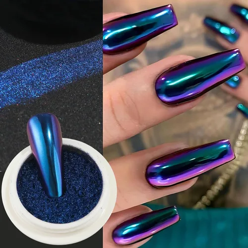 Miniatura 6 de Polvo de uñas cromado camaleón, 4 piezas de pigmento mágico con purpurina para uñas con esponja metálica para frotar polvo Y2K, efecto galaxia