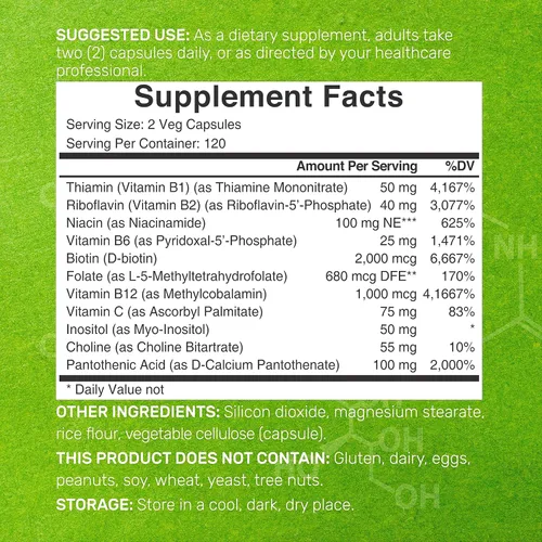 Miniatura 2 de Complejo de Vitamina B Bioactivo para Hombres y Mujeres, 240 Cápsulas Vegetarianas - Complejo B Metilado y Vitamina C Esterificada – Alta Potencia