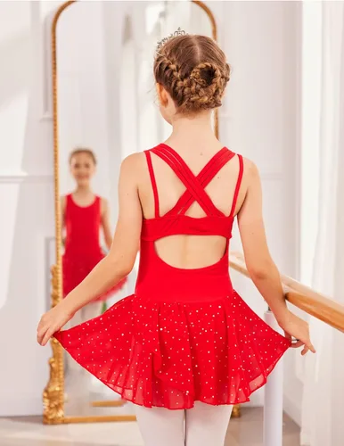 Miniatura 2 de Zaclotre Leotardos de gimnasia para niñas, con tirantes cruzados, brillantes vestidos de baile de ballet con espalda hueca y falda para disfraz