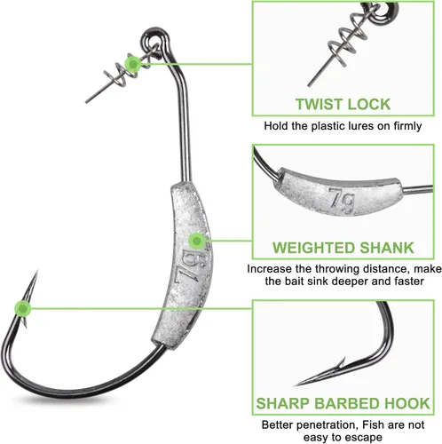 Miniatura 2 de Twistlock Fishing Hooks with Weight, 25pcs Worm Hooks with Centering Pin Spring Weighted Swimbait Hooks for Soft Plastic Lures Baits Bass Fishing