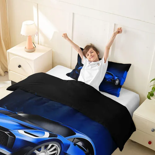 Miniatura 7 de Feelyou Juego de funda de edredón de coche deportivo, juego de ropa de cama azul de carreras para niños y niñas, funda de edredón de deportes