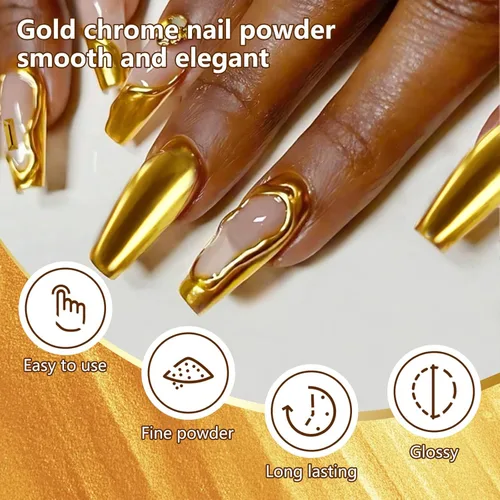 Miniatura 5 de Espejo holográfico dorado cromado polvo para uñas efecto brillantina, lentejuelas de polvo metálico, gel UV, pigmento de polvo cromado para uñas