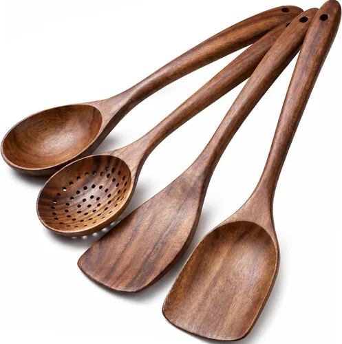 Miniatura 8 de Cucharas de madera para cocinar, 10 piezas con mango inoxidable, juego de utensilios de madera de acacia natural con soporte y soporte para cuchara