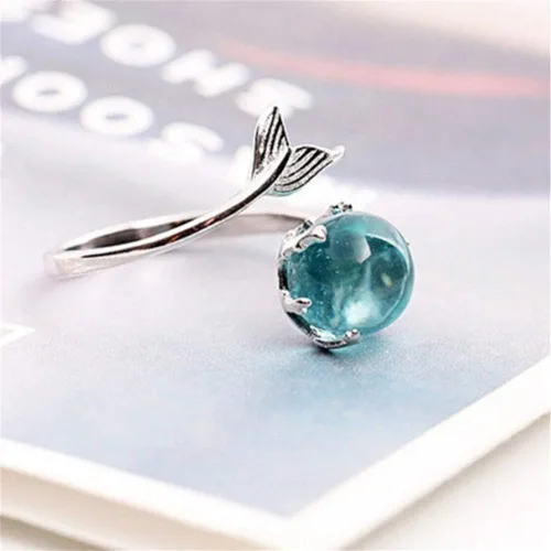 Miniatura 7 de Czjewelry Anillo abierto de cristal azul sirena de princesa del océano tamaño ajustable para mujeres y niñas Cristal circonita
