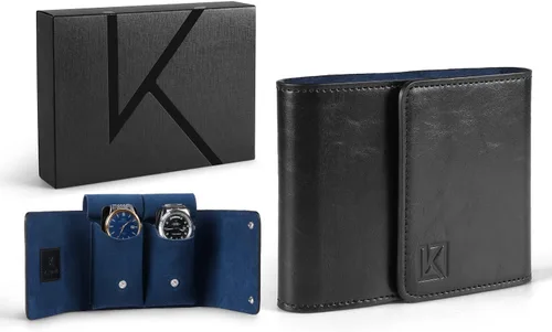 KENARK KW2-DB Bolsa de viaje de cuero premium para reloj y rollo de almacenamiento para protección antiarañazos y colección de relojes de lujo