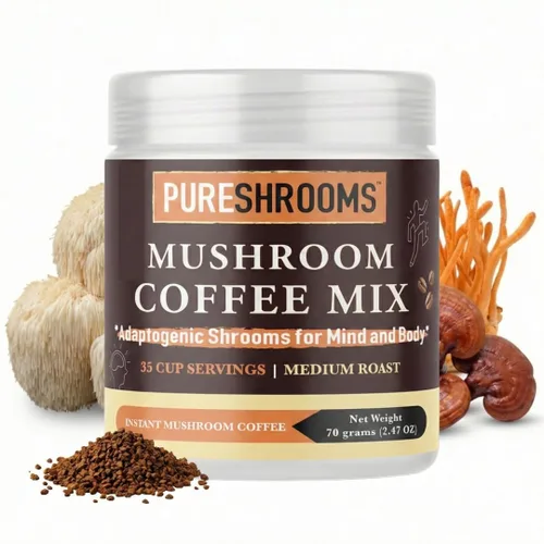 Miniatura 15 de PureShrooms Café instantáneo de hongos con melena de león orgánica, reishi y cordyceps Arábica colombiana liofilizada 600 mg de extractos