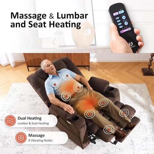 Miniatura 5 de MCombo Sillón Reclinable Grande con Triple Motor de Elevación Eléctrica con Masaje y Calefacción Doble, Reposacabezas Ajustable para Personas Café