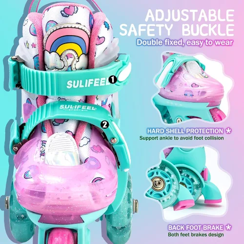 Miniatura 4 de SULIFEEL Patines ajustables para principiantes con rodilleras de unicornio arcoíris verde y rosa