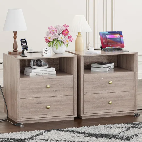 Miniatura 30 de Mesita de noche con 2 cajones de almacenamiento, mesa auxiliar moderna para dormitorio con asa recortada, mesitas de noche grandes para dormitorio