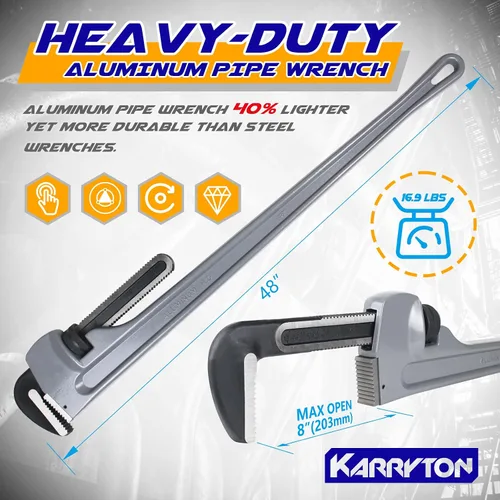 Miniatura 2 de Llave de tubo de aluminio de 48 pulgadas, capacidad de mordaza ajustable de 8"/200mm, llave de fontanería de mango recto resistente, herramienta