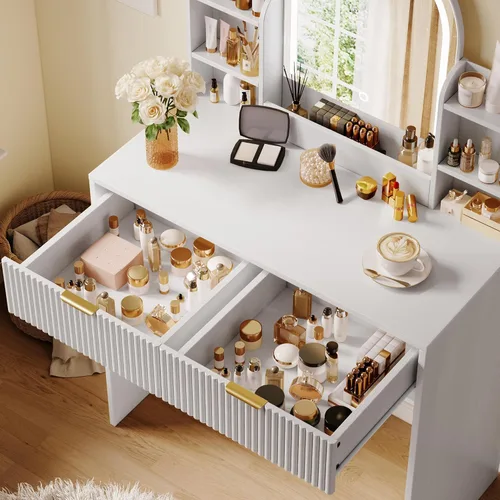 Miniatura 6 de TOKSOM Escritorio de tocador de maquillaje con espejo y luces, mesa de tocador blanca con 2 cajones y estantes de almacenamiento abiertos, juego