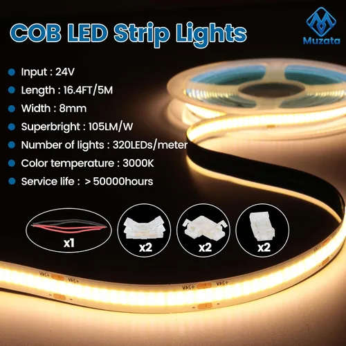 Miniatura 2 de Muzata 5M/16.4FT 320LED/m Tira de luces LED COB de alta densidad DC24V 3000K Blanco cálido impecable se adapta al canal LED U1SW U108 U103 Tira