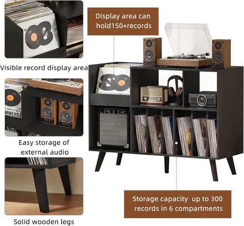 Miniatura 4 de LELELINKY Soporte grande para tocadiscos, soporte para tocadiscos de 48 pulgadas con almacenamiento, soporte para discos de vinilo con área