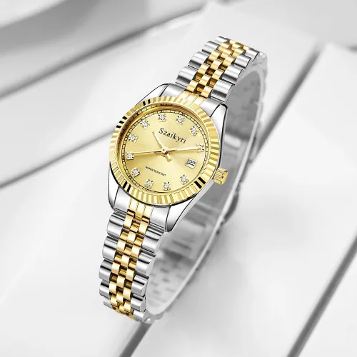 Miniatura 4 de Reloj clásico para mujer con banda de acero inoxidable sólido, reloj de vestir para mujer, reloj con calendario